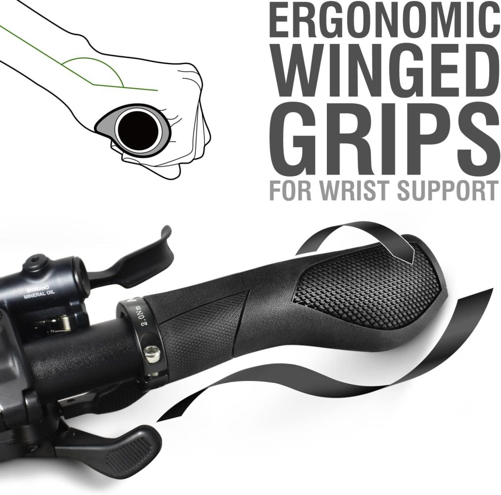 MARQUE Ergo Bike Handlebar Grips – Non-Slip Bike Handle Grip with Ergonomic Comfort Design for Bicycle Flat Handle Bar – Fit Mountain Bike, E-Bike, Hybrid, City Commuter Bikes, Scooter