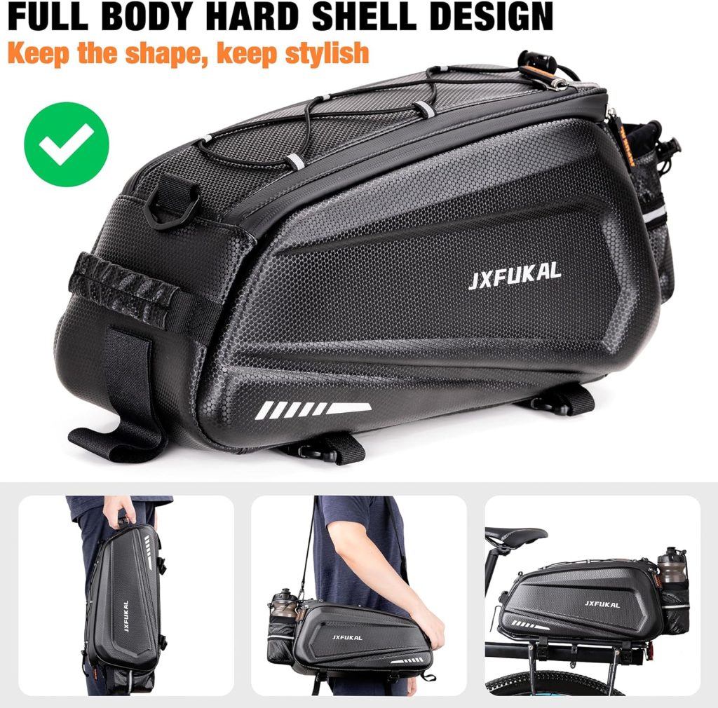 JXFUKAL Bike Bags for Bicycle Rear rack - 9.5L Hard Shell Waterproof Bike Ebike Trunk Pannier Saddle Seat Bag Carrier with Reflector, Rain Cover Shoulder Strap for Commuter Travel Outdoor