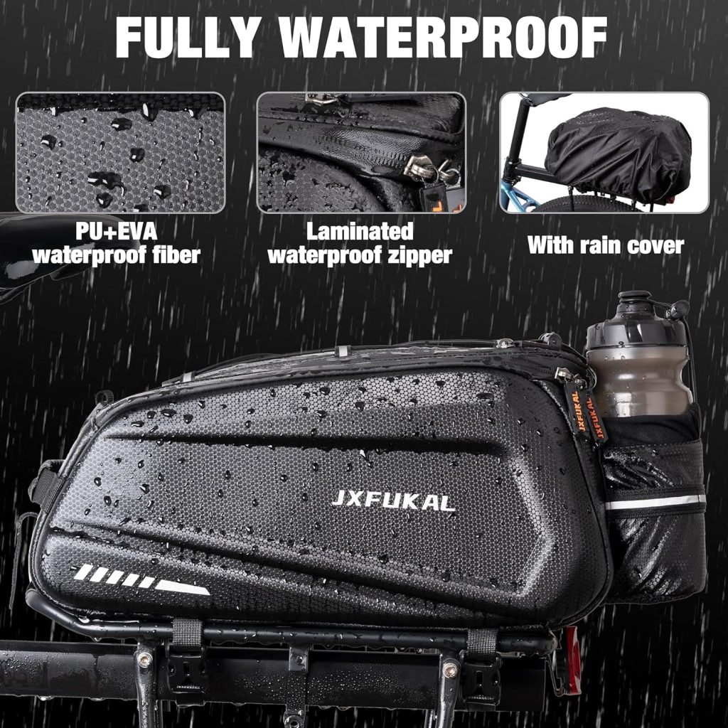 JXFUKAL Bike Bags for Bicycle Rear rack - 9.5L Hard Shell Waterproof Bike Ebike Trunk Pannier Saddle Seat Bag Carrier with Reflector, Rain Cover Shoulder Strap for Commuter Travel Outdoor