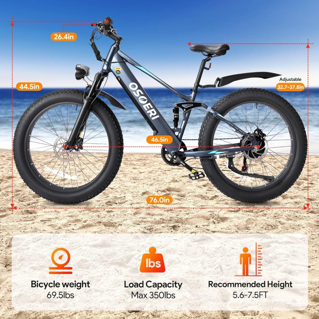 Amazon.com : Osoeri 26 x 4 Fat Tire Electric Bike for Adults, 750W BAFANG Motor 48V 16Ah Battery Ebikes, Hydraulic Disc Brakes Dual Shock Absorber 28Mph Shimano 7-Speed Mountain Electric Bicycle, UL Certified : Sports Outdoors